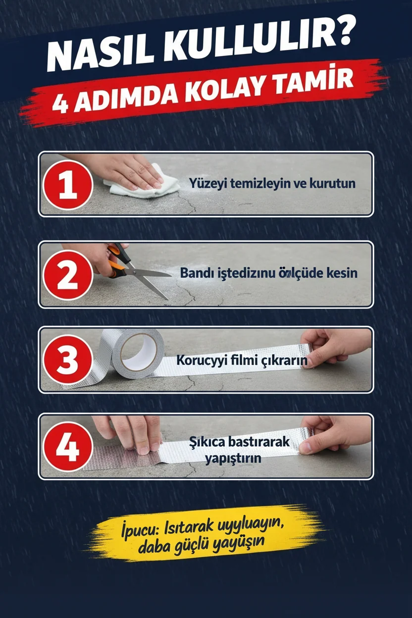 Tamir bandı nasıl kullanılır? 4 kolay adım — Yüzeyi temizle, kes, yapıştır, bastır — dört adımda onarım